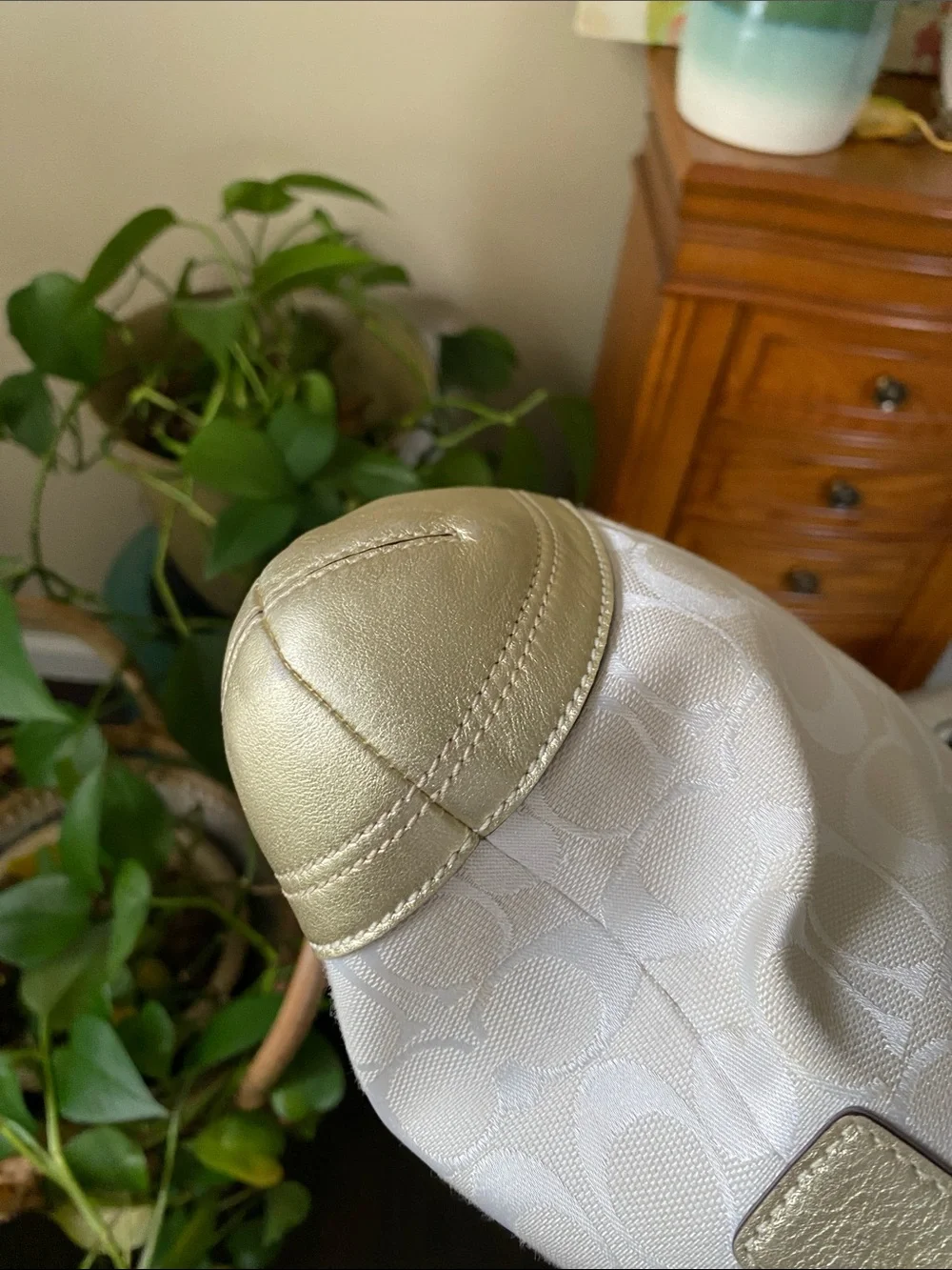 Coach Soho Signature Shoulder Bag with Cream monogram & Gold Metallic Trim